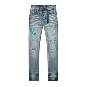 AMIRI Blue Distressed Jeans with Teal Accents